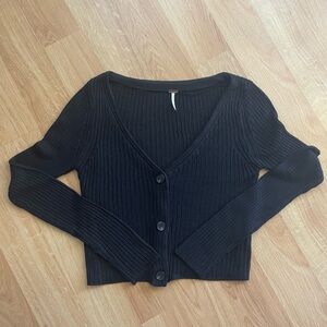 Free People Black Ribbed Button-Front Cropped Cardigan